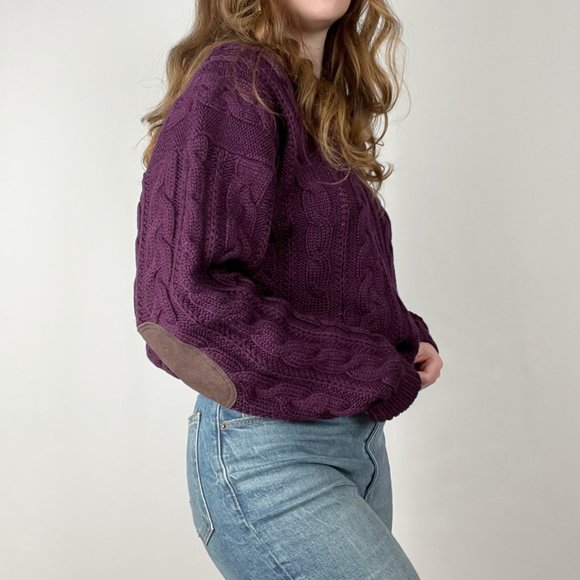 Vintage Hand Made Cable Knit Elbow Batch Oversized Aran Sweater Preppy Academia - Picture 2 of 8